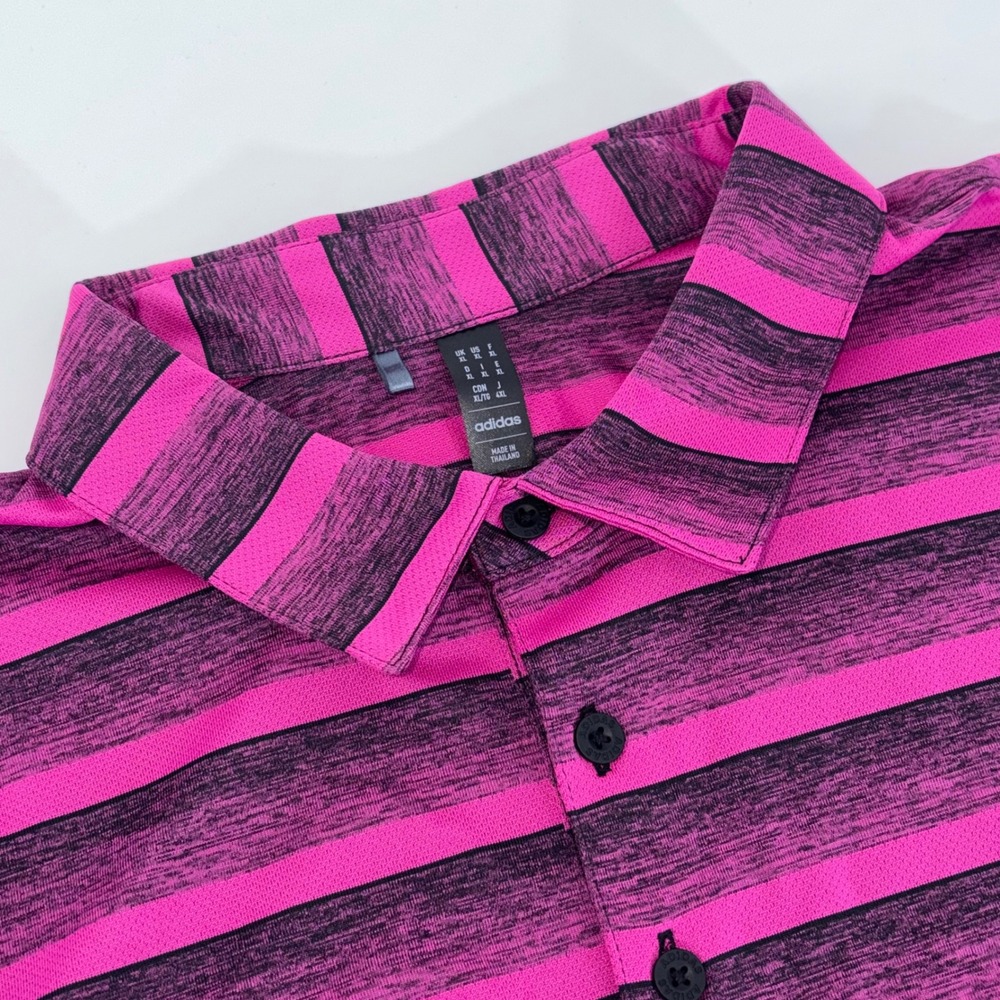 Adidas Mens XL Golf‎ Polo Shirt Pink Black Striped Short Sleeve Performance Top